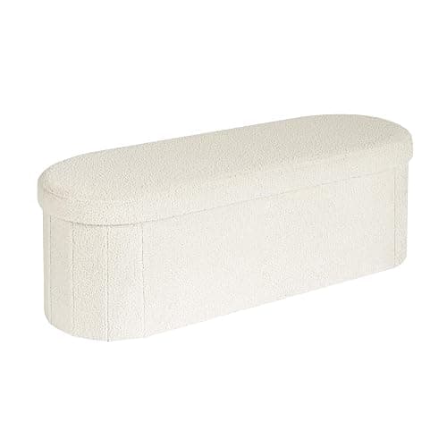 Bonlife Folding Ottoman Storage Bench,Boucle Footstool Oval, End of Bed Stool, Ideal for Living Room, Bedroom, 100L Storage Space,White,110x38x38cm - Image 1