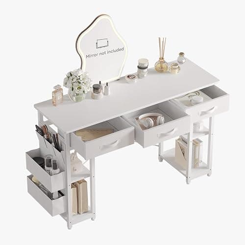 oneinmil White Vanity Desk, Computer and Study Desk with Fabric Drawers & Side Storage Bag, no Mirror. Makeup Vanity Table, Home Office Desk, Modern Writing Desk, 48"x16". thumbnail 3