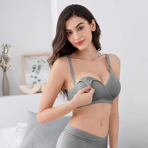Vinfact 3 Pack Nursing Bras for Breastfeeding Seamless V Neck Maternity Bra Women Pregnancy Breastfeeding Bra - Small - Black/Grey/White thumbnail 3