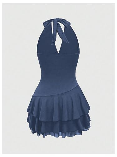 SOLY HUX Women's Summer Halter Backless Mini Dress Flowy Sleeveless V Neck Tie Back A Line Western Casual Sun Dresses thumbnail 2