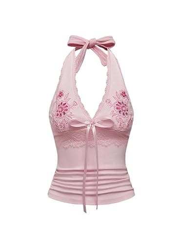 OYOANGLE Women's Floral Embroidery Bow Halter Tank Tops Lace Trim Ruched Fitted Sleeveless Top - Image 1