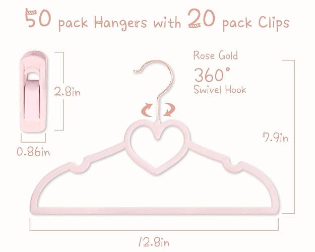 Pink Heart Velvet Baby Hangers - 50pack 13inch Toddler Hangers with 20pcs Clips, Premium Velvet Strong and Durable Baby Clothes Hangers Without Slipping, Ultra Slim and Stackable Space Saving thumbnail 3