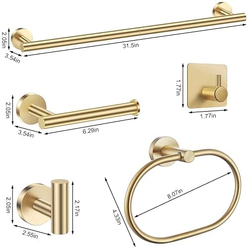 Brushed Gold Bathroom Accessories Set, 7 Pieces Gold Towel Bar Bathroom Hardware Set, 31.5 Inch Towel Racks for Bathroom, SUS304 Stainless Steel Bathroom Towel Holder Toilet Paper Holder Wall Mounted thumbnail 3