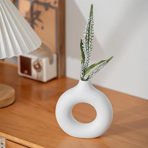 REONROCK White Ceramic Vases Set of 3, Minimalist Nordic Modern Style, Round Donut Vase for Dried Flowers, Pampas Grass & Fresh Blooms,Boho Home Decor for Table Shelf Living Room Office (White) thumbnail 6
