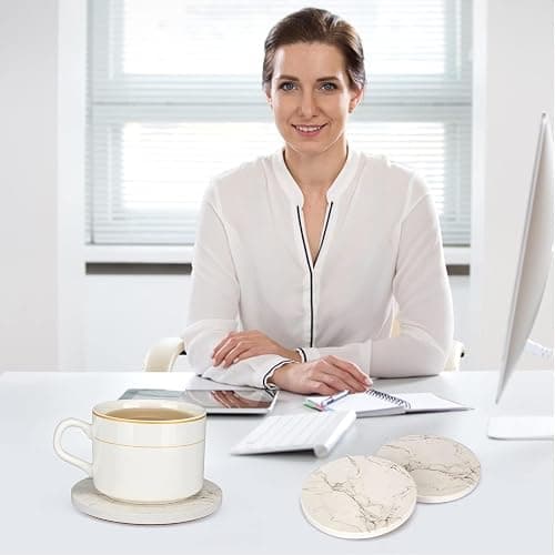 6 Pcs White Marble Coaster Set with Holder Best Absorbent Coasters Drink Coasters Ceramic Bar Coasters Cute Table Coasters Gift Cup Stone Coasters Modern Coasters thumbnail 2