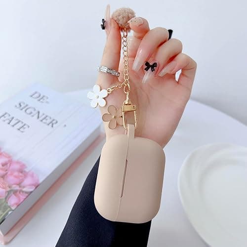Cute Case for Airpods Pro 2nd/1st Generation Cover for Girl Women with Pom pom Flower Keychain & Cleaner Kit, Soft Silicone Protective Skin for Airpods Pro 2/1 Gen 2019/2023/2022, Milk Tea thumbnail 2