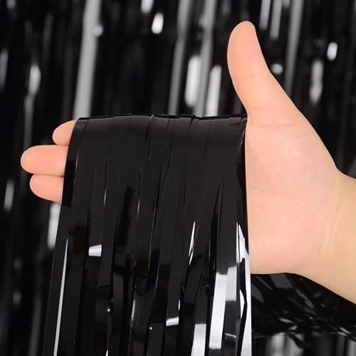 Black Tinsel Fringe Backdrop Curtains for Parties, Melsan 3.2 x 8 ft Black Streamer Photo Backdrop for Birthday, Graduations, New Year Eve Party Decor - Pack of 2 thumbnail 3
