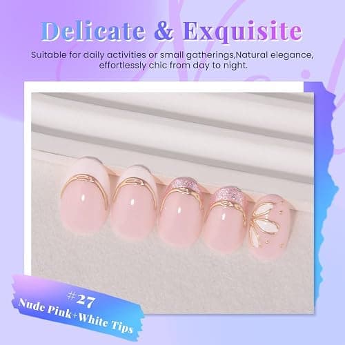 XZMeiLun 3D Gold Line French Tips Press On Nails Oval Short, White Flower French Tip Designer Reusable Acrylic Nails Press Ons, Fake Nails With Glue On Nail, Daily Wear Floral False Nails For Women thumbnail 7