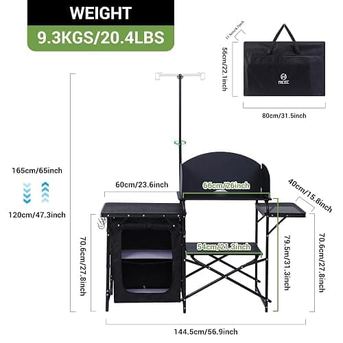 Nice C Camping Kitchen Station, Camping Table, Picnic Table, Portable Grill Table, Folding Cook Table, Upgrade Light Stand and Windshield Station & Organizers, Carry Bag for Beach, Picnic (Black) thumbnail 3