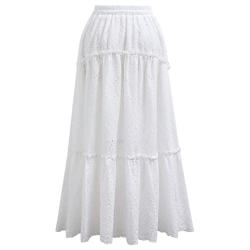 CHICWISH Women Summer Boho Maxi Skirt Eyelet Embroidery Elastic Waist Tassel String Casual Cotton Beach Vacation Long Skirts thumbnail 4