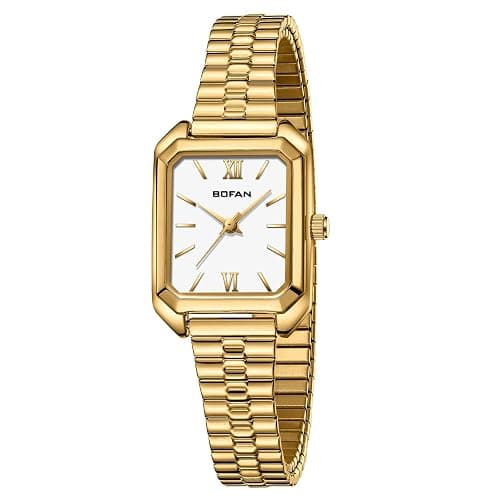 BOFAN Square Small Gold Watches for Women Easy Read Ladies Quartz Wrist Watch with Stainless Steel Expansion Band,Water Resistant. - Image 1
