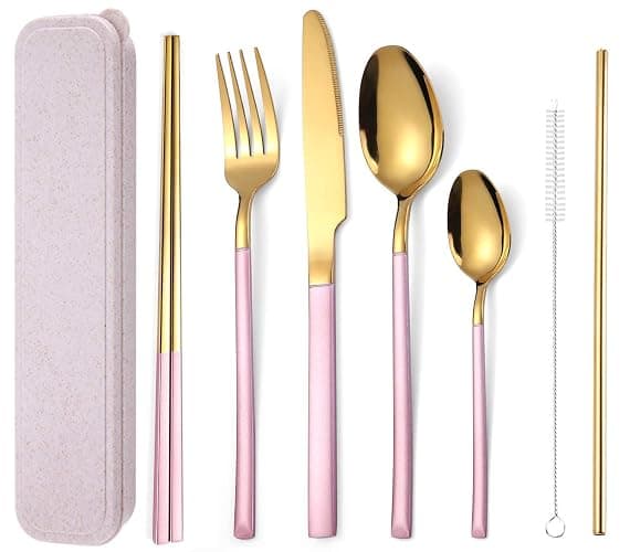AARAINBOW 7 Pieces Stainless Steel Flatware Set Portable Reusable Cutlery Set Travel Utensils Set Including Chopsticks Knife Fork Spoon Straws Cleaning Brush Dishwasher Safe (Pink Golden) - Image 1