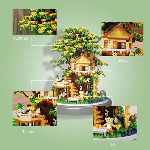 Cherry Blossom Bonsai Tree House DIY Building Flowers Set for Adults,2680PCS Challenging Mini Brick House Model Kit with LED Lights, Purple & Yellow Sakura Flowers, Includes Dust Cover for Display thumbnail 4