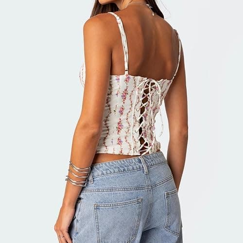 Women Y2k Backless Tank Top Vintage Lace Trim Floral Patchwork Cami Crop Top Summer Party Club Vest 00s Retro Shirt thumbnail 5