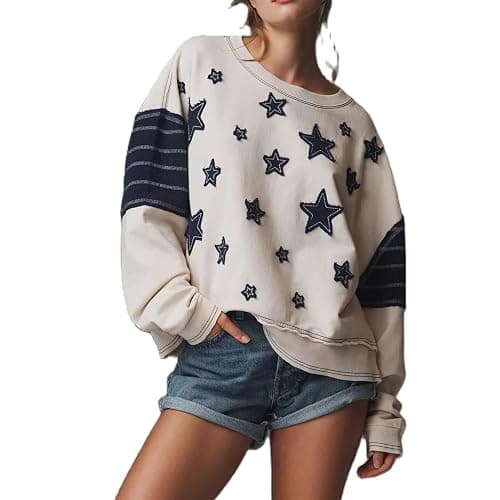 NEVUQO Women Teen Girls Cute Oversized Crewneck Sweatshirt Y2k Star Seashell Graphic Long Sleeve Sweatshirt Preppy Clothes - Image 1