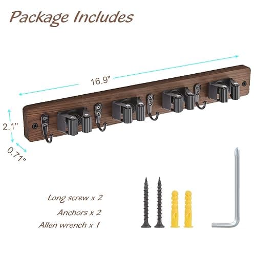 OUTNILI Mop and Broom Holder Wall Mount - Rustic Wood Broom Mop Hanger - Wall Mounted Garden Tool Rack Organizer for Closet Garage Laundry Room Kitchen Decor With 4 Slots & 4 Hooks thumbnail 3