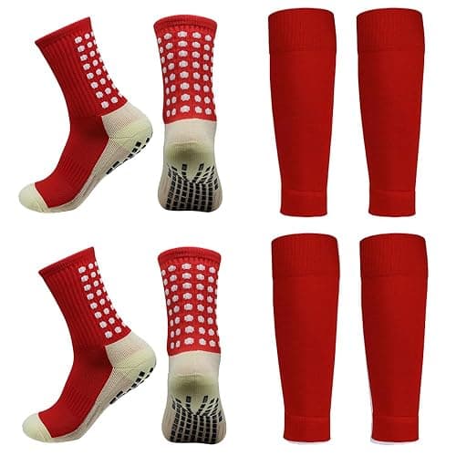 2 Set Anti-Slip Grip Soccer Socks with Shin Guard Sleeves, Sports Athletic Socks for Men Women - Image 1