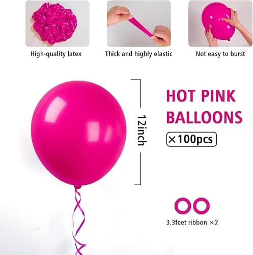 BAUANOOY 100pcs Hot Pink Balloons 12 inch, Bright Pink Latex Balloons with Pink Ribbon for Birthday Wedding Engagement Bridal Bachelorette Tropical Party Decorations thumbnail 3