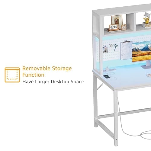 White Computer Desk with Hutch and Pegboard - Computer Desk with Power Outlets, 47 Inch Modern Study Teen Desk with Pegboard Storage Bag, Hooks and Side Bag,Writing Desk for Bedroom Home Office - White - 47.2" thumbnail 6