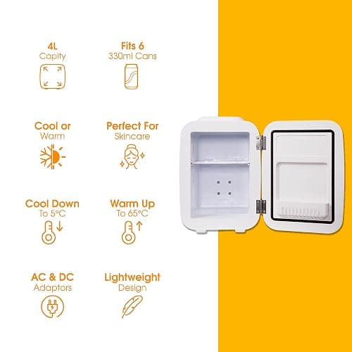 Abode White Mini Fridge A4CLR201W 4L/6 Can Portable Thermoelectric Mini Cooler & Warmer for Drinks, Cosmetics/Makeup/Skincare, AC/DC Power, Retro Style, For Bedroom, Home, Caravan, Car thumbnail 3