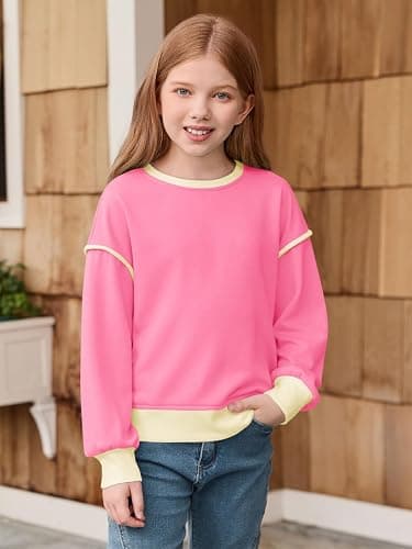 Haloumoning Girls Casual Crewneck Sweatshirts Long Sleeve Color Block Loose Fit Fall Cute Pullover Tops 5-14 Years thumbnail 2