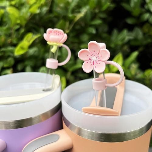 Meitesti Pfirsichblüten-Stroh-Abdeckkappe für Stanley-Becher, niedlicher Strohhalm-Aufsatz, 10 mm, 6 Stück, Silikon, personalisierbar, 6 Stück, Rosa thumbnail 2