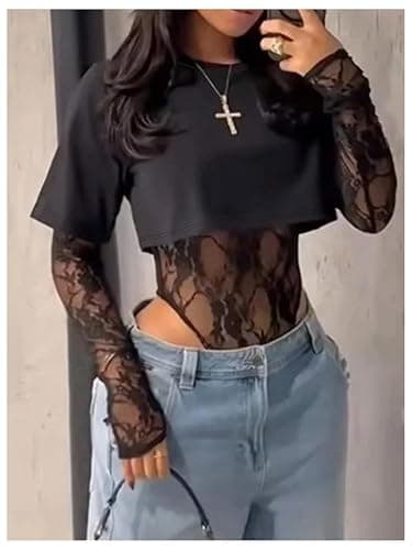 Milumia Women's Lace Bodysuit Long Sleeve Sheer Bodysuit Night Out Streetwear Outfits thumbnail 5