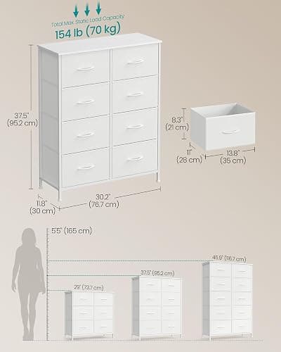 SONGMICS Dresser for Bedroom, Tall Dresser with 8 Fabric Drawers | Chest of Drawers with Steel Frame, for Closet & Entryway, Cloud White and Snow White, BELLAH Collection ULGS124W01S thumbnail 2