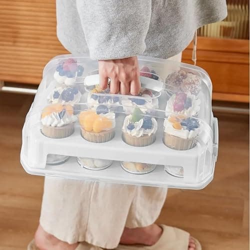 Top Shelf Elements Cupcake Carrier, EXTRA LARGE LID, White Cupcake Holder Carries 24 Standard-Size Cupcakes, Muffin Traveler Two Tier Stand Reusable Cupcake Box thumbnail 7