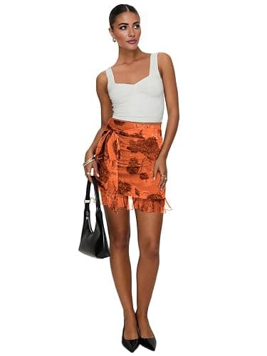 UEOIOW Women's Mesh Mini Skirt Tie High Waist Summer Floral Print Ruched Ruffle Short Skirts - Small - Orange thumbnail 5