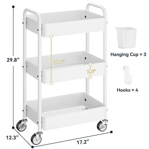 YASONIC Metal 3 Tier Rolling Cart - Heavy Duty Utility Cart with Lockable Wheels, Hanging Cups, Hooks, Mesh Rolling Storage Cart Craft Cart Organizer, Lightweight and Sturdy, White thumbnail 3