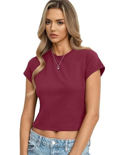 EasyGala Womens Cotton T Shirts Basic Baby Tee Crop Tops Crewneck Slim Fit Short Sleeves Tee Summer Cute Clothes 2026 thumbnail 5