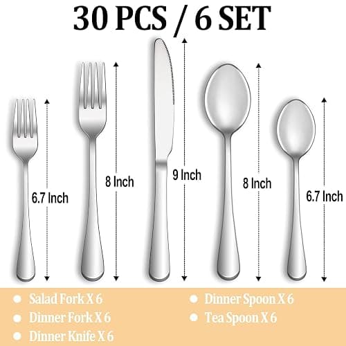 MUTNITT 30 Pcs Silverware Set Service for 6,Premium Stainless Steel Flatware Set,Mirror Polished Cutlery Utensil Sets,Durable Kitchen Eating Tableware Sets,Include Fork Knife Spoon,Dishwasher Safe thumbnail 3