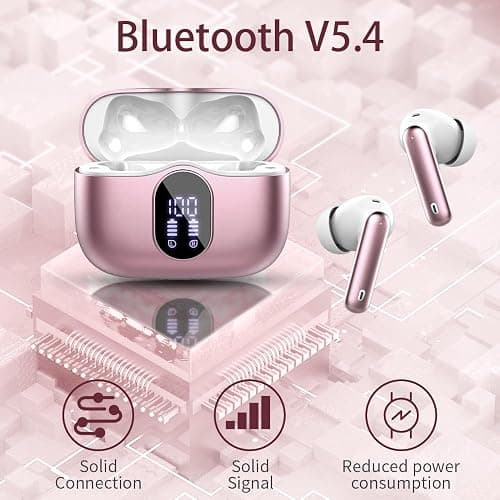 Wireless Earbuds Bluetooth 5.3 Headphones Bass Stereo Ear Buds with Noise Cancelling Mic LED Display in Ear Earphones IP7 Waterproof 36H Playtime for Laptop Pad Phones Sports Workout Pink Gold thumbnail 4