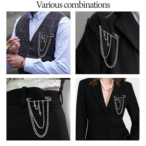 Safety Pin Brooch with Hanging Chains Charms Decorative Punk Goth Collar Brooches Pin for Sweater Dress Skirt Tie Pins Emo Pins thumbnail 4