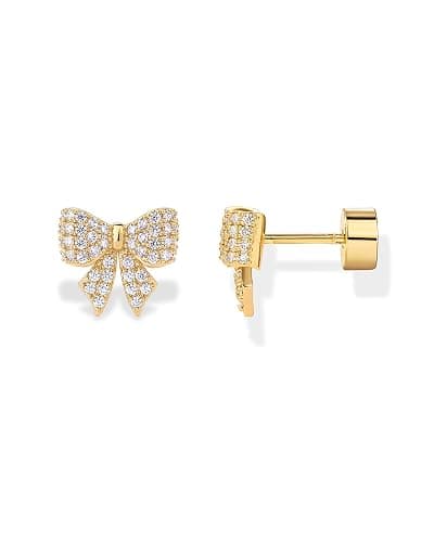 PAVOI 14K Gold Plated Dainty Flat Back Earrings for Women - Hypoallergenic Sterling Silver Posts Helix Cartilage Piercing Jewelry - Emoji Motif Bow Celestial Flatback Gold Stud Earrings Screw Back - Image 1