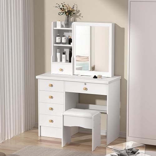 tekrabea Dressing Table with 6 Drawers, Vanity Desk with Mirror, Storage Shelves and Stool, Makeup Desk for Bedroom, Modern Makeup Table with Mirror and Chair, White thumbnail 3