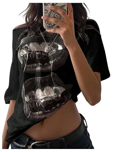 RoseSeek Women's Off The Shoulder Tops Short Sleeve Lip Graphic Tees Retro Y2K Summer T Shirts - Image 1
