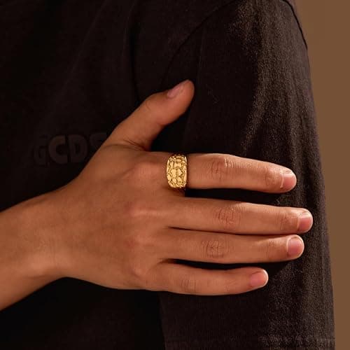 Gold Plated Nugget Ring for Men & Women – Stainless Steel Chunky Hip Hop Rings - Hypoallergenic Unisex Jewelry – US Size 5-13 – Gift Box Included thumbnail 5
