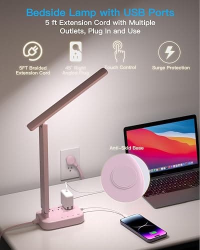 Dorm Room Essentials for Girls, Pink Power Strip with LED Desk Lamp, 3 Outlets 4 USB Ports, 4 Modes 5 Level Touch Lamp Small Desk Lamp for Home Office Bedroom Study Reading Light, 5ft Extension Cord thumbnail 4