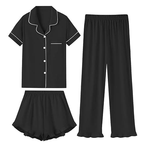 QZH.DUAO 3 Piece Girls Pajama Sets 100% Cotton Ruffle Long Pants with Shorts Sleepwear 3pcs Button Down PJs 5-14 Years - Image 1