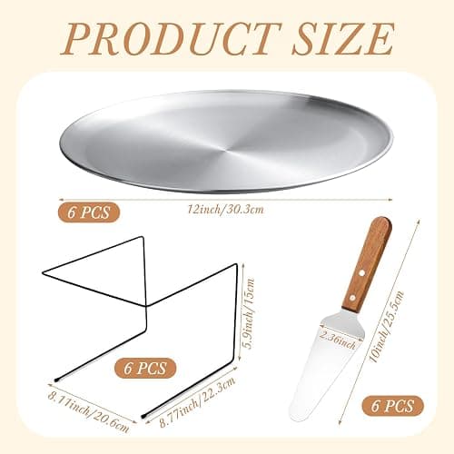 LemonRoad 18 Pcs Pizza Pan Riser Stands Sets Includes 6 Metal Pizzas Table Stands 6 Pan(11.8in) and 6 Wood Handle Pie Server, Pizza Rack Stand Pizzas Tray for Dessert Cheese Weddings Party(Silver) thumbnail 3