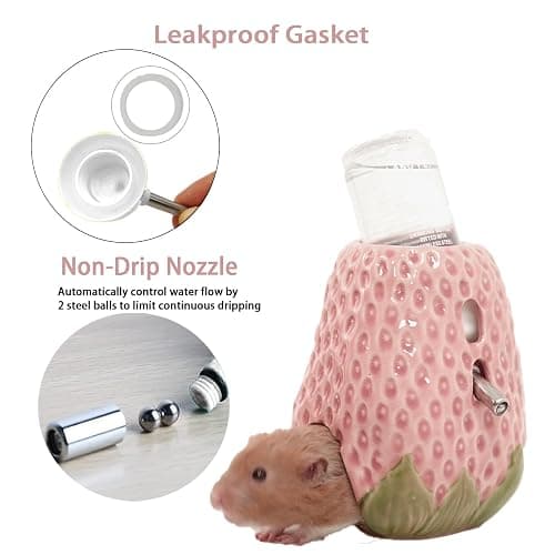 Deapeey Adjustable No-Drip Pink Strawberry Ceramic Hamster Water Bottle | 80ML,2-in-1 Drinking Station and Stable Hideout for Glass Tanks with No-Drip 2 Caps,Fits Hamsters, Gerbils & Small Pets thumbnail 6