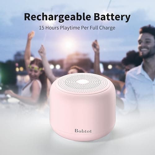 Bobtot Portable Bluetooth Speakers with Strap Easy to Carry, Wireless IPX5 Waterproof Mini Speaker with Loud Stereo Sound, 20 Hours Playtime, Rechargeable Battery, Built-in Microphone, Pink thumbnail 5
