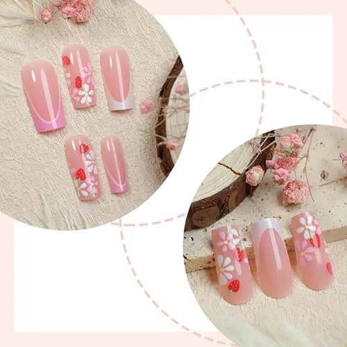 CTTHNBD Press on Nails Medium - Square Fake Nails with Flower Design - Pink French Tip False Nails Press ons - for Women 24 Pcs thumbnail 3