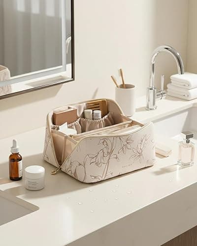 EACHY Travel Makeup Bag, Large Capacity Cosmetic Bags for Women, Waterproof Portable Pouch Open Flat Toiletry Bag Pattern Make up Bag (F-Beige) thumbnail 2