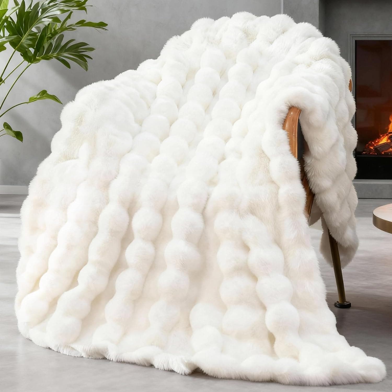 Ultra Soft Cozy Faux Fur Throw Blanket, Fuzzy Plush Thick Bubble Blanket, Luxury Fluffy Blanket for Couch, Sofa, Bedroom, and Living Room, Gifts for Women and Girls, 50x60 Inches, Cream White - Image 1