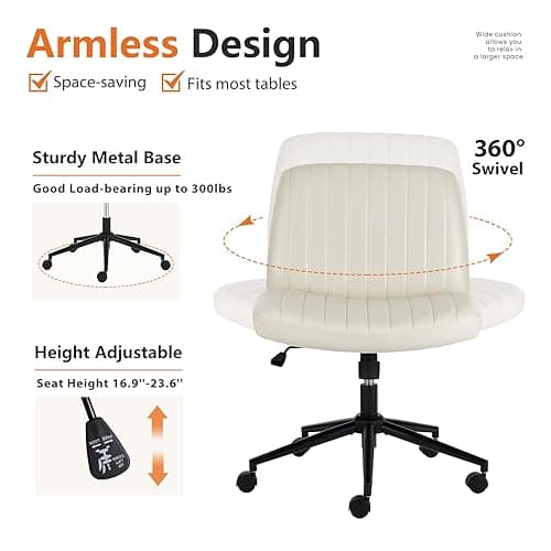 Elevon Criss Cross Chair with Wheels, Cross Legged Office Chair Armless Wide Desk Chair with Dual-Purpose Base, Adjustable Swivel Fabric Task Vanity Home Office Desk Chair, Leather Beige - Leather Beige thumbnail 6