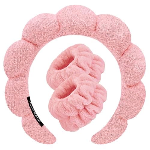 Spa Headbands for Washing Face Wristband Set Sponge Makeup Skincare Headband Wrist Towels Bubble Soft Terry Towel Cloth Hairband for Women Puffy Headwear Non Slip Thick Thin Hair Headwear (Peach pink) - Image 1