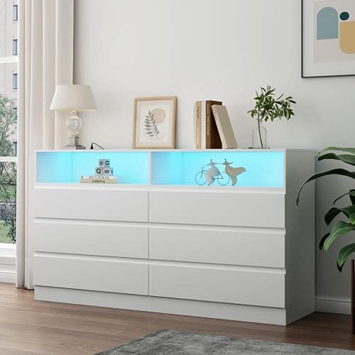 Gyfimoie 6 Drawer Double Dresser with Power Outlet, Accent Chests of Drawers with LED Light, Modern White Storage Dresser with Charging Station (Mirror Not Included) thumbnail 3